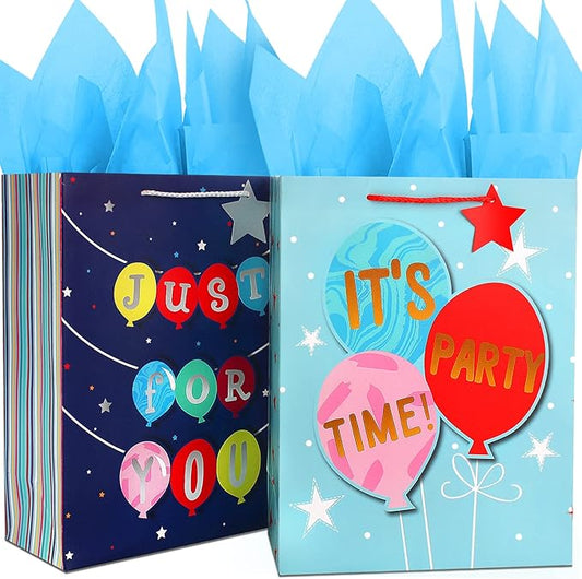 Gift Bags Large Gift Bag Set-Birthday Gift Bag for Boy Teen Kids Men Him-Blue Gift Bags with Tissue Paper-Paper Gift Bags with Handles-Big Gift Bags Birthday Gift Wrap Bag,Party Gift Bags Present Bags（2Pack,12.5Inch）