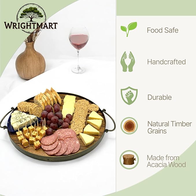 Acacia Wood Cheese Tray and Serving Board with Handles – Large Round Charcuterie Circle Board, Hardwood Platter for Entertaining and Serving, 14" Diameter