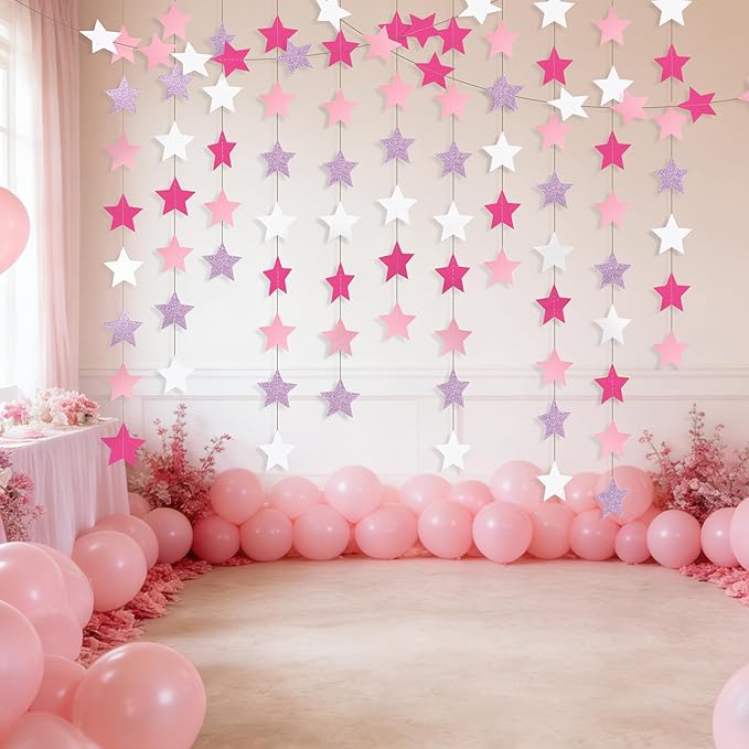 Glitter Pink, Rose Red & Pink White Iridescent Star Garland 90FT, 240pcs Hanging Glitter Star Banner Backdrop for Birthday, Baby Shower, Wedding & Christmas Party Decorations (6 Packs)