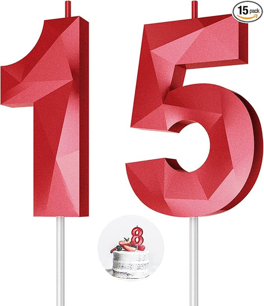Number Birthday Candles(15 Candle Red) 3D Diamond Shape Number Happy Birthday Cake Candles for Birthday Party Wedding Decoration Reunions Theme Party
