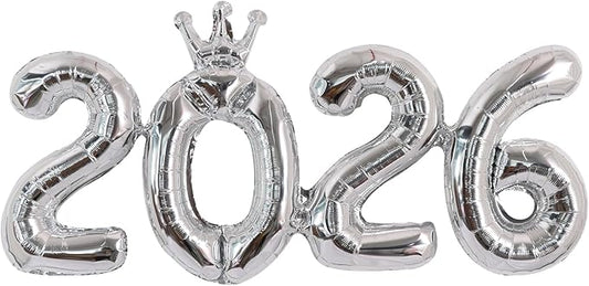 TONIFUL 2026 Silver Crown Foil Number Balloons 16 Inch Silver Number Banner 2026 Graduation Aluminum Foil Mylar Balloons for New Year Eve Christmas Anniversary Party Supplies
