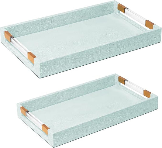 2 Pack Large Ottoman Tray Shagreen Decorative Tray Serving Tray with Acrylic Gold Handles, Ice Blue Vegan Leather Coffee Table Tray for All Occations Home Decor