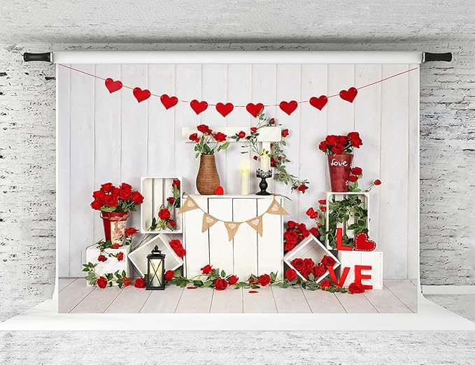 Kate Valentine Photo Backdrop Heart Backdrop with Rose Valentine Decorations for Party, Children, Home, 7x5ft