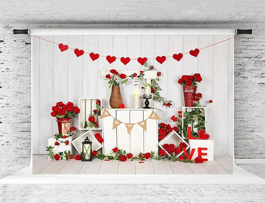 Kate Valentine Photo Backdrop Heart Backdrop with Rose Valentine Decorations for Party, Children, Home, 7x5ft