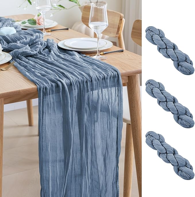 Asee'm 3pcs Cheesecloth Table Runner Spring Easter120 Inches Dusty Blue Boho Gauze Cheese Cloth Runner 10FT Rustic Sheer Table Runners for Centerpiece Wedding Baby Shower Decoration