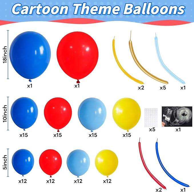 Jobkoo 127 PCS Red Blue Yellow Balloon Garland Arch Kit Cartoon Primary Color Balloons with Gold Circle for Cartoon Theme Carnival Circus Baby Shower Birthday Party Decorations