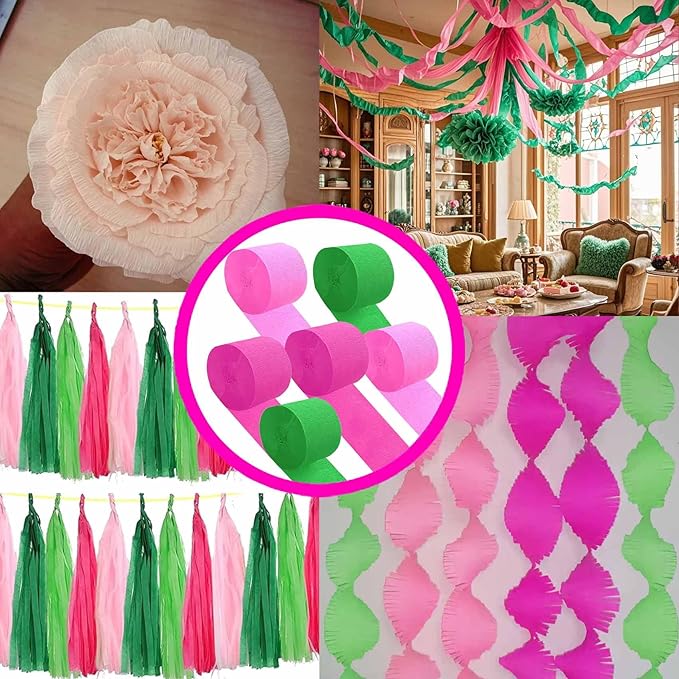 Green Pink and Hot Pink Crepe Paper 6 Pcs Streamers for Party Decorations, Birthday Wedding DIY Crafts, Gift Wrapping Supplies