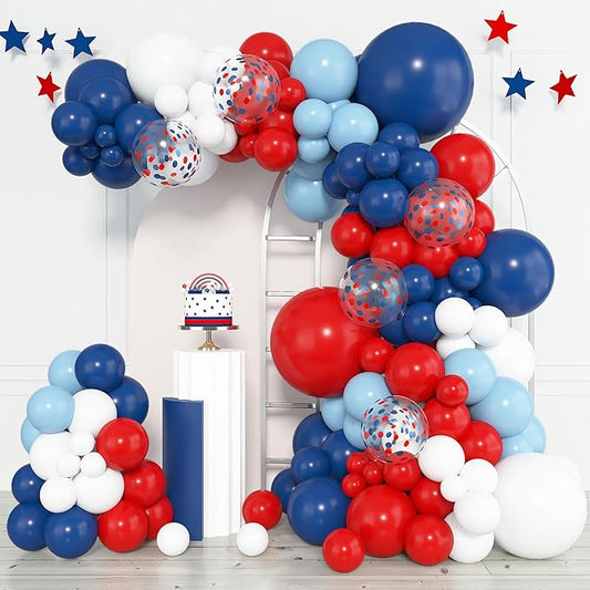 Amandir 153pcs Red White and Blue Balloons Arch Garland Kit, Different Sizes 18 12 10 5 inch Latex Confetti 4th of July Memorial Day Balloon for Patriotic Nautical Independence Party Decorations