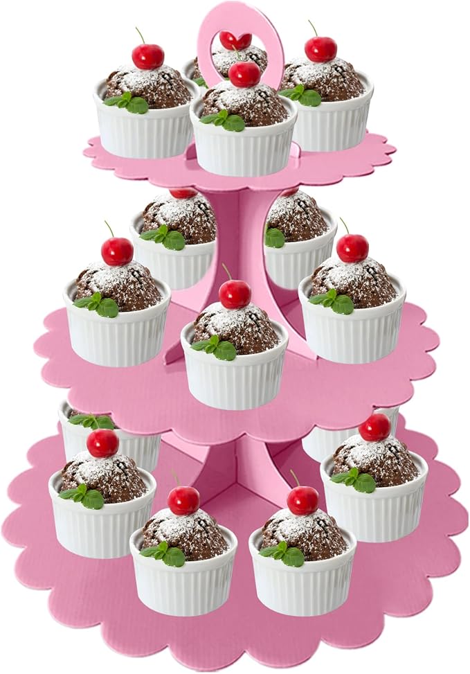 3-Tier Pink Cupcake Stand, Heart Handle Dessert Display Tower, Perfect for Girl Birthday Baby Shower Small Parties, Easy Assembly (1-Pack) ﻿