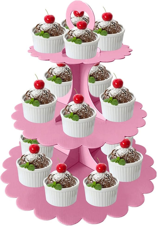 3-Tier Pink Cupcake Stand, Heart Handle Dessert Display Tower, Perfect for Girl Birthday Baby Shower Small Parties, Easy Assembly (1-Pack) ﻿