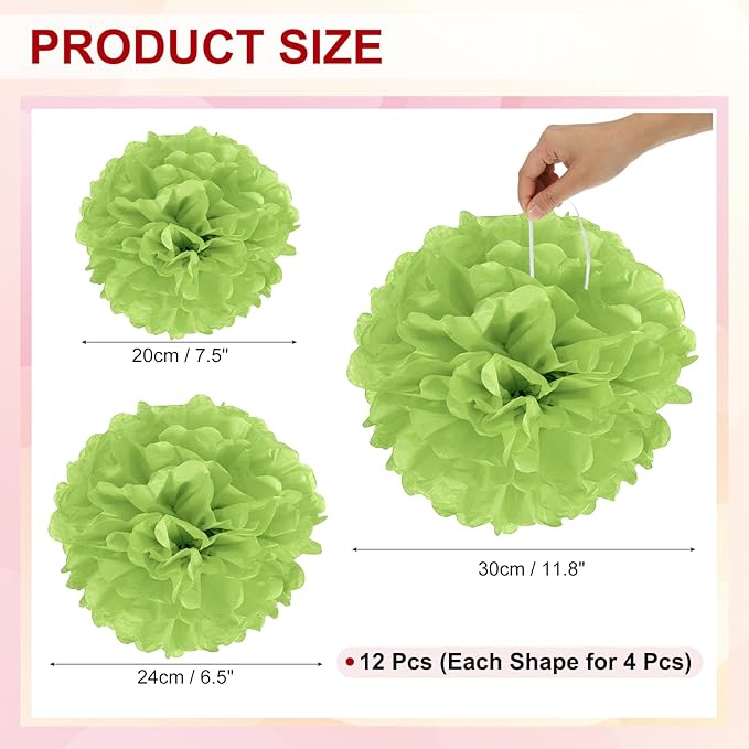 PATIKIL 8" 10" 12" Tissue Paper Pom Poms, 12PCS Pom Poms Paper Flowers Ball Tissue Paper Flowers Assorted Size for Wedding Bridal Shower Birthday Party Backdrop Decoration, Light Green