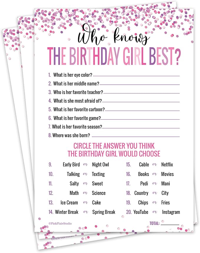 30 Who Knows The Birthday Girl Best Game Cards- for Child or Teen- Fun and Easy Game for Party or Sleepover- Girl Birthday Supplies, Activity, Decorations