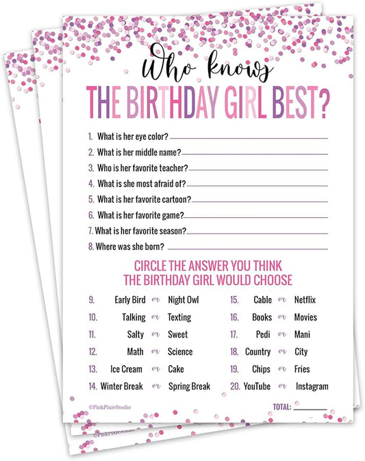 30 Who Knows The Birthday Girl Best Game Cards- for Child or Teen- Fun and Easy Game for Party or Sleepover- Girl Birthday Supplies, Activity, Decorations