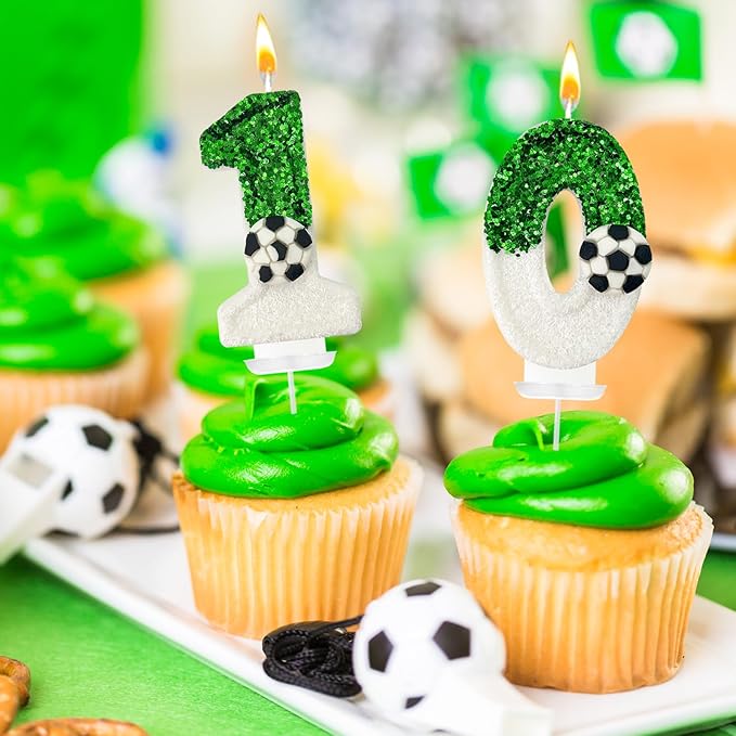 Soccer Birthday Candles, Soccer Cake Topper for Girl and Boy, Wedding Cakes, Anniversaries, Party Celebrations, Birthday Decorations (Green White, Number 1)