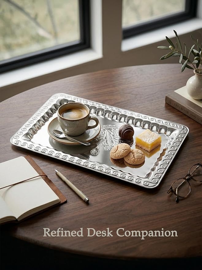 4 Pack Silver Serving Trays Set - 13.8 x 8.7 inch Lightweight Mirror Decorative Trays with Swirl Floral Engraving, Rectangular Platters for Party, Wedding, Dessert, Appetizers, Coffee & Charcuterie