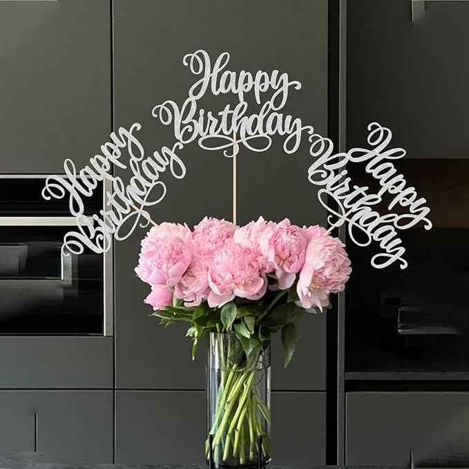 12 PCS Happy Birthday Centerpieces Sticks Double Sided Glitter Birthday Party Decorations Anniversary Table Flower Centerpiece for Celebrating Birthday Party Centerpieces Supplies Silver