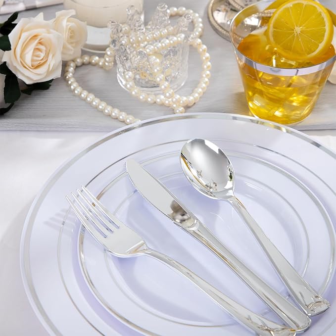 WELLIFE 300 PCS Silver Dinnerware Set for 50 Guests, Silver Plastic Disposable Plates for Party, 50 Dinner Plates, 50 Salad Plates, 50 Cups Forks Knives Spoons for Wedding and Party Anniversary