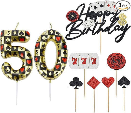 Casino Birthday Number Candles for Cake, Poker Birthday Candles for Casino Themed Birthday Party Decoration, Glitter Casino Birthday Cake Topper for Casino Night Theme Birthday Cake(Number 50)