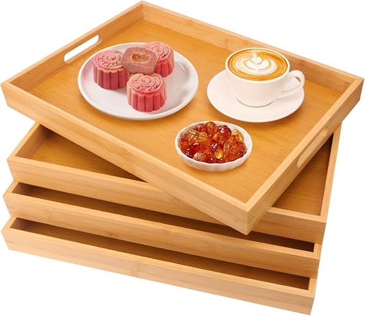 4 Pack Large Bamboo Serving Tray with Handles - 16 x 11.6 Inch Wooden Dinner Tray, Home Kitchen Decorative Tray, Breakfast Trays for Eating on Couch, Lap Trays, Coffee, Kitchen, Picnic