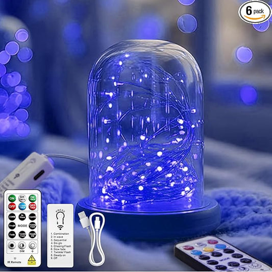 ZSJWL 6 Pack Rechargeable Fairy Lights with Remote & DIY Timer, 7Ft 20LED Mini Battery String Light, Twinkle Silver Copper Wire Lights for Wedding Party Bedroom Christmas Table Decoration (Blue)