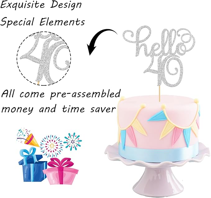 Sliver Glitter Hello 40 Cake Topper - Cheers to 40th Years - 40 and Fabulous Cake Topper - 40th Birthday/Wedding Anniversary Party Sign Decorations