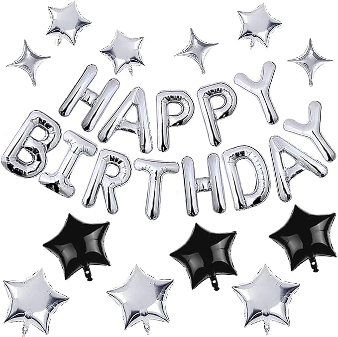 CANREVEL Happy Birthday Banner 13pcs 16 Inch Mylar Foil Letters with 12pcs Star Balloons Birthday Party Decorations for Kids and Adults - 3D Silver