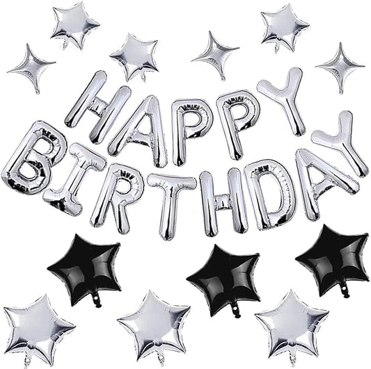 CANREVEL Happy Birthday Banner 13pcs 16 Inch Mylar Foil Letters with 12pcs Star Balloons Birthday Party Decorations for Kids and Adults - 3D Silver