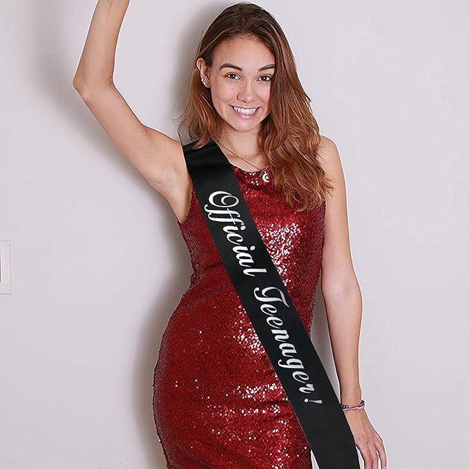 13th Birthday Sash, Silver Foil 'Official Teenager' Black Birthday Sash for Boy 13th Bday Party Decorations Gifts Favors