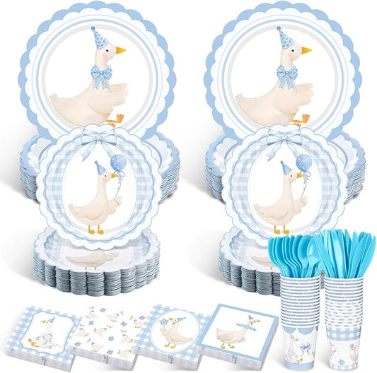 Zhehao 350 Pcs One Silly Goose Birthday Party Tableware Set Blue Bow Scalloped Baby Shower Plates Cup Napkins Forks for Birthday Party Decorations Supplies for 50 Guests