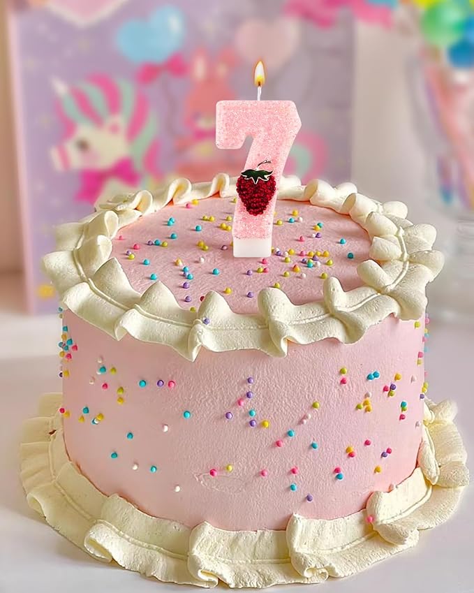 Birthday Candles for Cake, Pink Number Candles, Cake Candles with Greeting Card for Birthday Party Wedding Anniversary Celebrations (Strawberry 7 Candle)