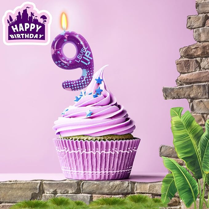 STG Birthday Candles for Boys - Number 9 Candle for Video Game Birthday Cake Topper, Fort Battle Level Up Sandbox Games Birthday Party Supplies (Purple)