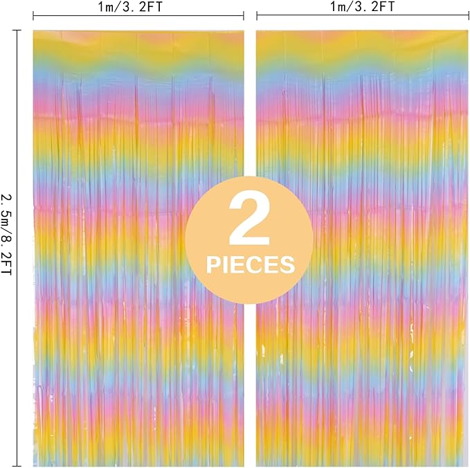 PIGETALE Pastel Rainbow Foil Fringe Curtains, 2Pcs 3.2x8.2ft Metallic Tinsel Foil Streamers Colourful Photo Booths Props Backdrop for Easter Princess Birthday Wedding Engagement Party Decorations