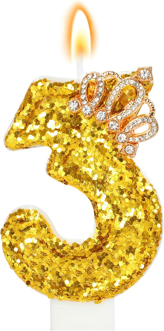 Gold Birthday Candle Crown Number 3 Candle with Sequins Cake Candles Cupcake Decorations Party Decor for Anniversary Celebrations Supplies