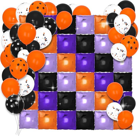 143 Pcs Halloween Balloons Garland Arch Kit & Double Sided Black Orange Purple Foil Square Balloons Wall Backdrop, Balloons Tunnel for Birthday Baby Shower Halloween Party Decorations