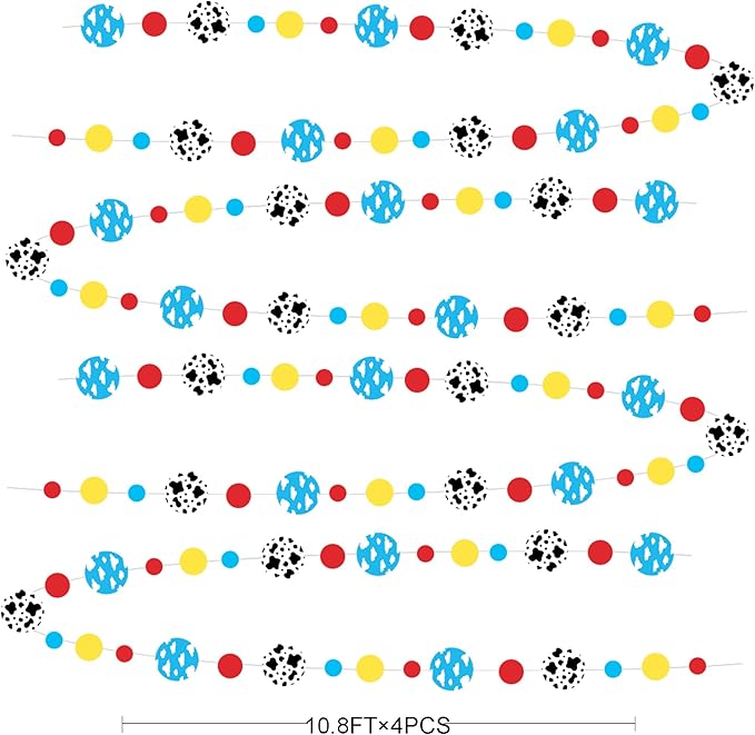 Cartoon Story Party Decorations Blue Yellow Red Circle Dot with Cloud and Cow Print Polka Dots Garland Streamer for Kids Birthday Baby Shower Toy and Story Carnival Theme Party Decorations Supplies