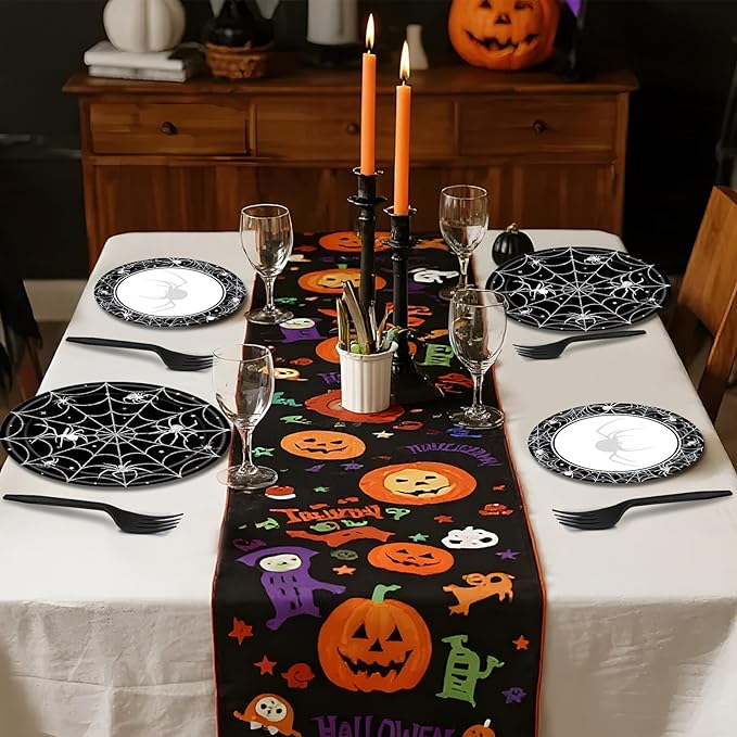 96 Pieces Halloween Tableware Set – Spider Web Themed Disposable Party Supplies with Paper Plates, Napkins, and Forks for Haunted House Parties, Spooky Dinners, and Halloween Events – Serves 24
