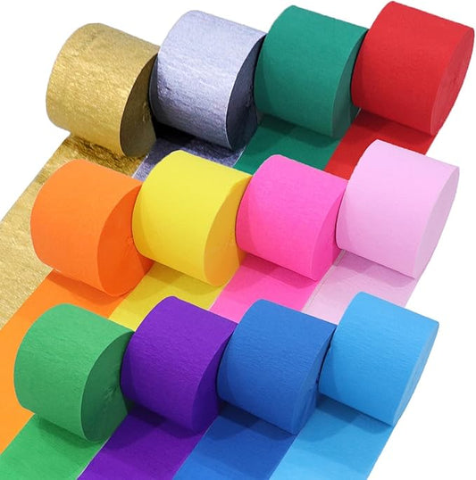 12 Crepe Paper Streamers Rolls, 984ft Pack of Unique 12 Rainbow Streamers with Silver and Gold Streamers for Party Decorations, Birthday Streamers, Party Streamers(1.8 inch x 82 ft/Roll)