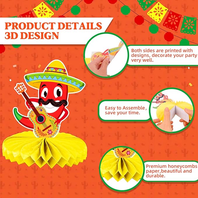 Cinco De Mayo Decoration - 12 Pack Mexican Birthday Centerpiece Honeycomb Garlands, Vibrant Taco Themed Party Supplies for Cinco de Mayo, Fiesta Party Decorations Mexican Party Decor, Taco Party Decorations