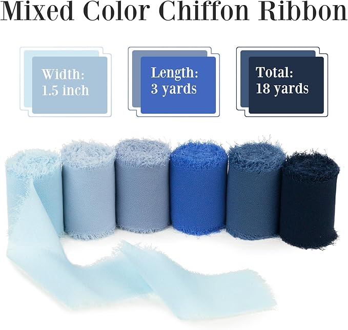 Handmade Fringe Chiffon Silk Ribbon - 1.5 Inch x 3Yd, Multi-Blue (Baby, French, Dusty, Dark, Royal, Navy) for Wedding Invitation, Flower Bouquets, Gift Wrapping, Baby Shower