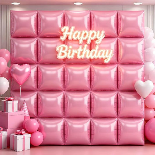 25Pcs Pink Square Foil Balloons Wall Backdrop, Double Sided Metallic Foil Balloons Tunnel Arch Garland Kit for Photo Booth Birthday Wedding Graduation Halloween Party Decorations