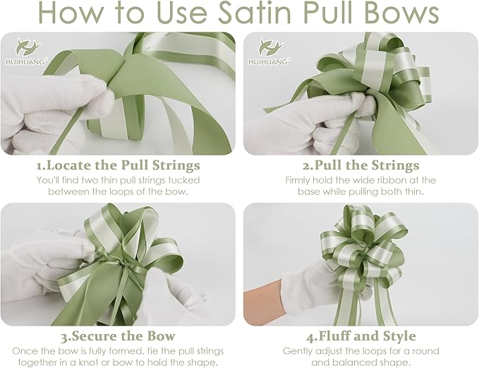 HUIHUANG Sage Green Pull Bows for Gift Wrapping 12 PCS Sage and Ivory Double Layer Satin Pull Bows 6" x 10" Gift Bow for Presents, Gift Basket, Birthday Baby Shower Wedding Party Decor