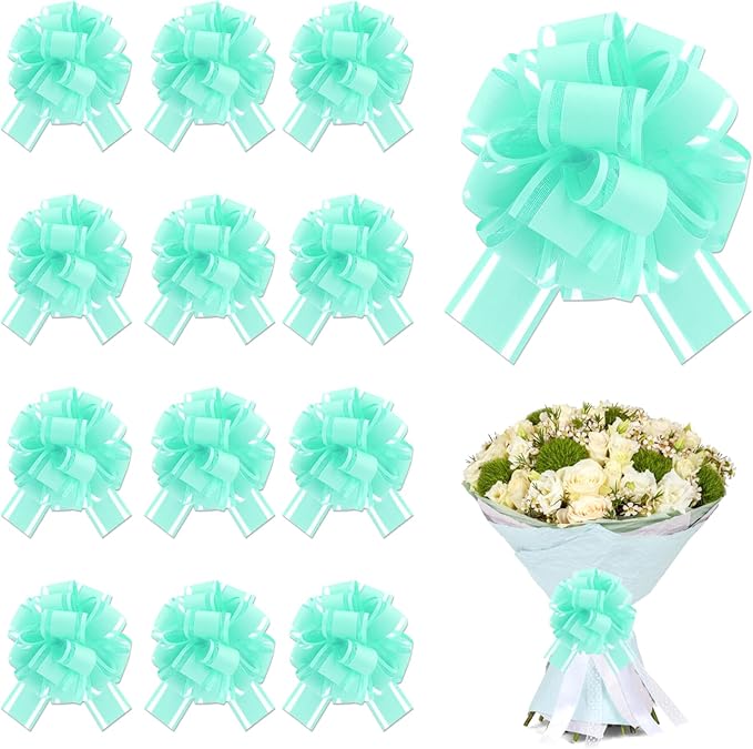 12 Pcs Blue Green Gift Bow Pull Bows for Gift Warpping Christmas Warp Ribbon Bow Party Birthday Wedding Solid Bows for Bikes Anniversary Boxes Flower Decorations Valentine's Day (Blue-Green-E)