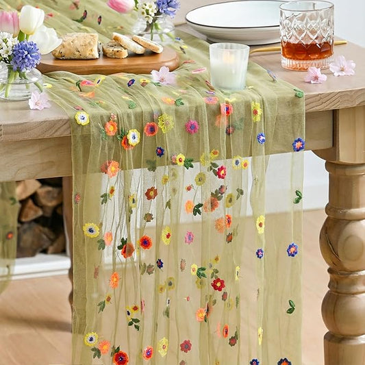 Artoid Mode Green Embroidery Daisy Spring Gauze Table Runner 59x120 Inch 10FT, Seasonal Sheer Kitchen Dining Holiday Wedding Birthday Table Decor for Home Party