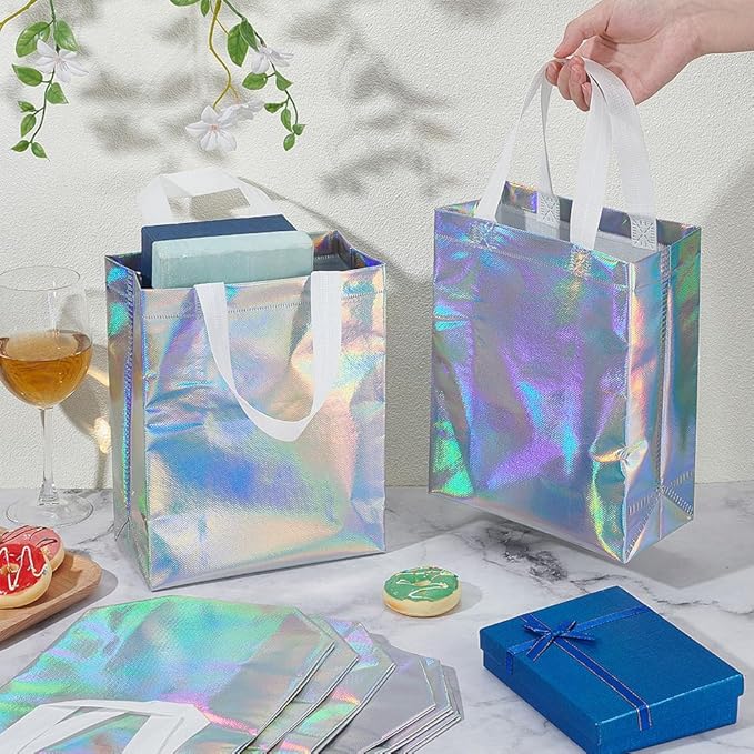 CUTHOLLOW 18 Pcs Iridescent Reusable Gift Bags with Handles for Party Favor, Bulk Non-woven Party Goodie Bags with Sturdy Base - Small Medium Christmas Birthday Wedding Gift Bags for Women