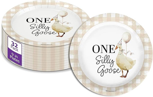 One Silly Goose First Birthday - 32 Piece Disposable Party Supplies - Decorations for Gingham 1st Birthday Round Party Plates - Large 9" Paper Plates In Bulk