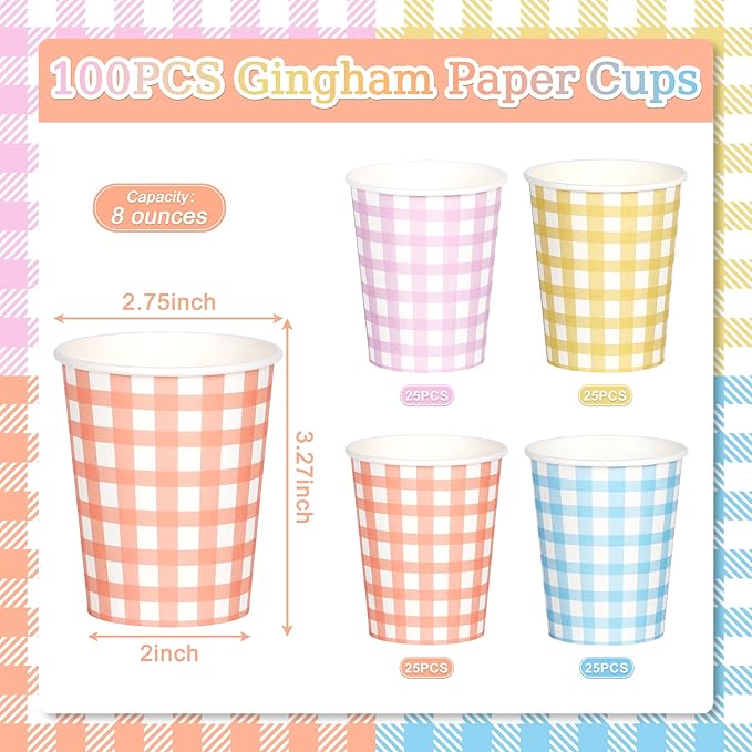 100 Pcs 8 oz Gingham Disposable Paper Cups Drinking Paper Cups Coffee Checkered Cups Pastel Cups for Party, Birthday, Easter, Picnic and Holiday, 4 Colors