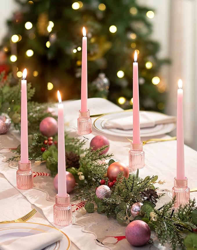 Romadedi Pink Glass Candle Holders - 10 Pcs Ribbed Candlestick Holder Bulk for Table Centerpiece Elegant Taper Holder for Wedding Birthday Party Baby Showers Valentines Mother's Day Christmas