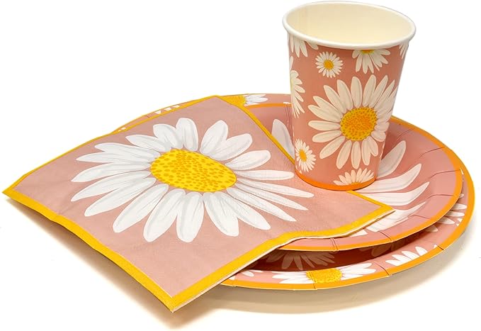 Gift Boutique Daisy Flower Party Supplies Tableware Set 9" 7" Paper Plates Cups Napkins Floral Summer Spring Groovy Birthday Disposable Dinnerware Serves 24