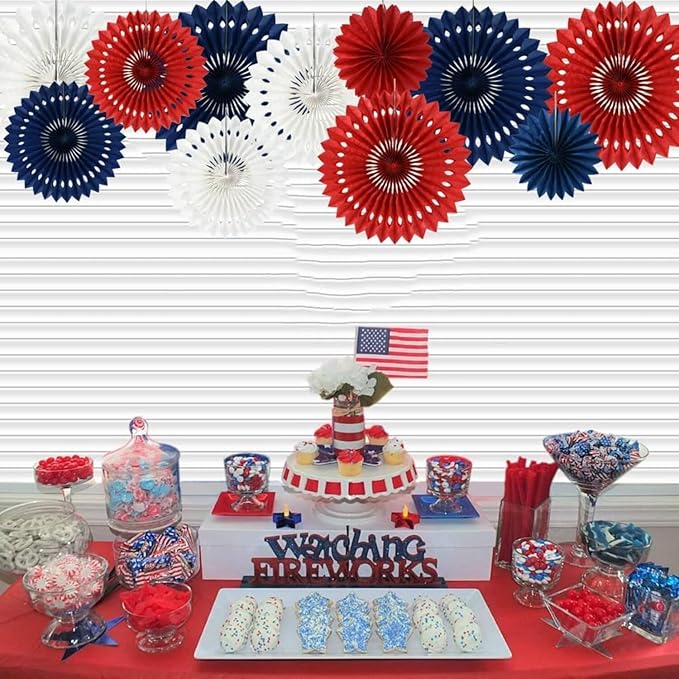 Red White Blue Hanging Honeycomb Round Paper Fans Decoration Patriotic Theme Tissue Paper Fan Garland for Shower Birthday Graduation Wedding Party Supplies 11 Count