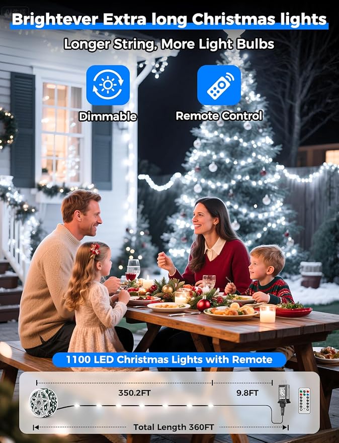 Brightever 360FT 1100 LED Outdoor String Lights, Christmas Lights with Remote Control - 8 Lighting Modes & 3 Timers, String Lights for House, Indoor, Porch, Xmas Decorations (Cool White)